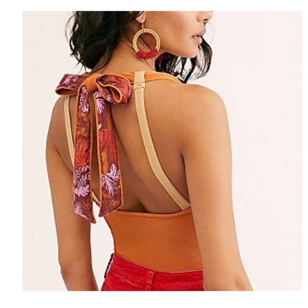 Free People "One Call Away" Halter Top Women L Orange with Back Floral Ties